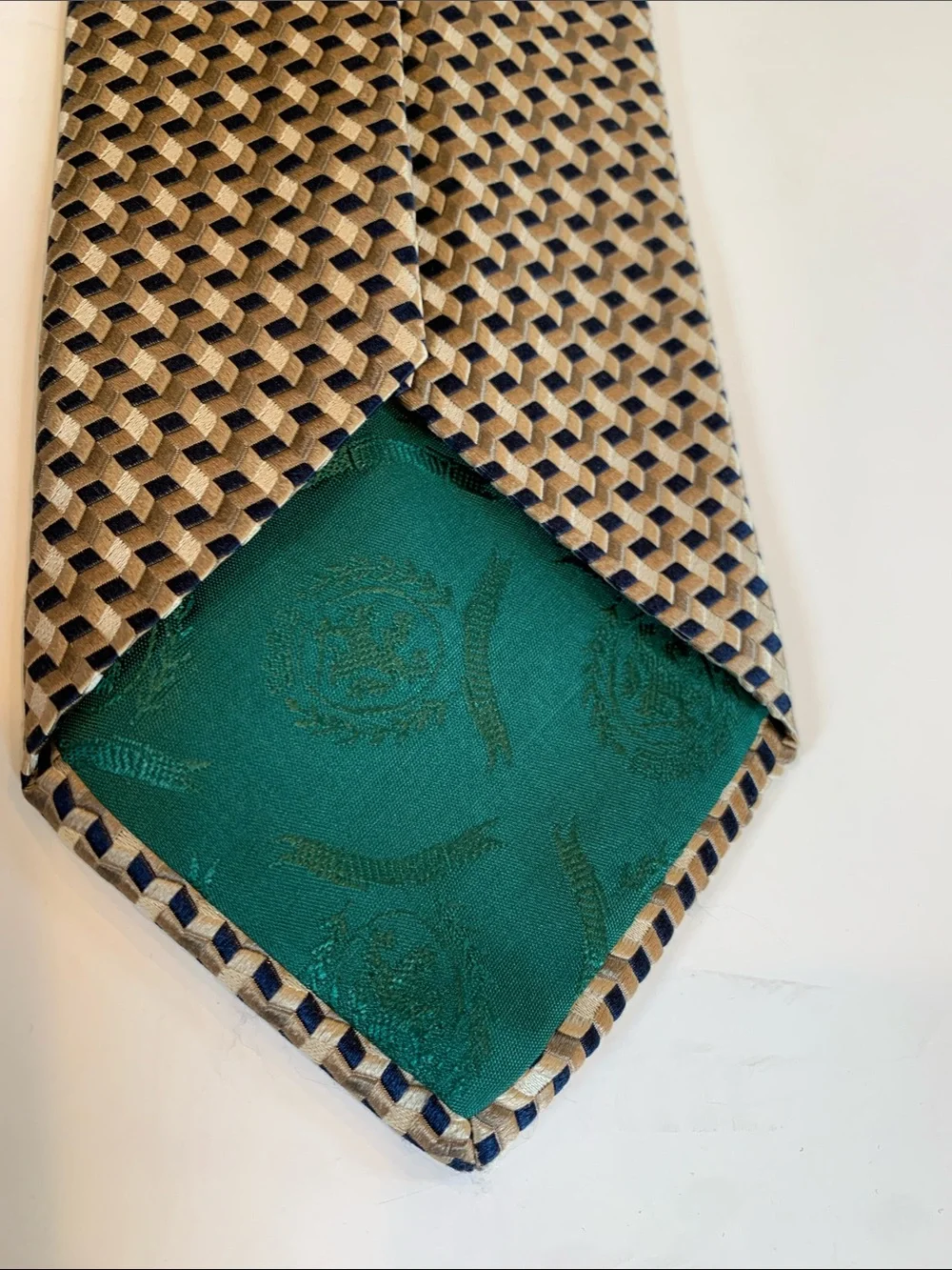 Tommy Hilfiger Tan and Navy Blue Men's Patterned 100% Silk Tie Necktie
